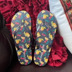 Michael Kors MK Logo Flip Flop Fruit Print Thong Sandal Slide Navy